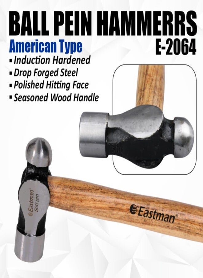 إيست مان مطارق إيستمان ذات الرأس الكروي - النوع الأمريكي، 500 غرام، فولاذ مطروق مع مقبض خشبي معالج للاستخدام المنزلي والصناعي والمهني (E-2064) - Image 2